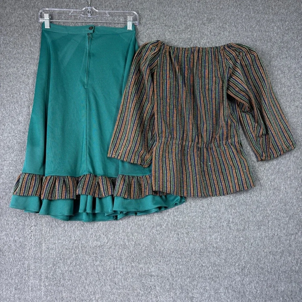 Vintage 70s Metallic Lurex Striped Peasant Top and Ruffle Midi Skirt Set Teal 9